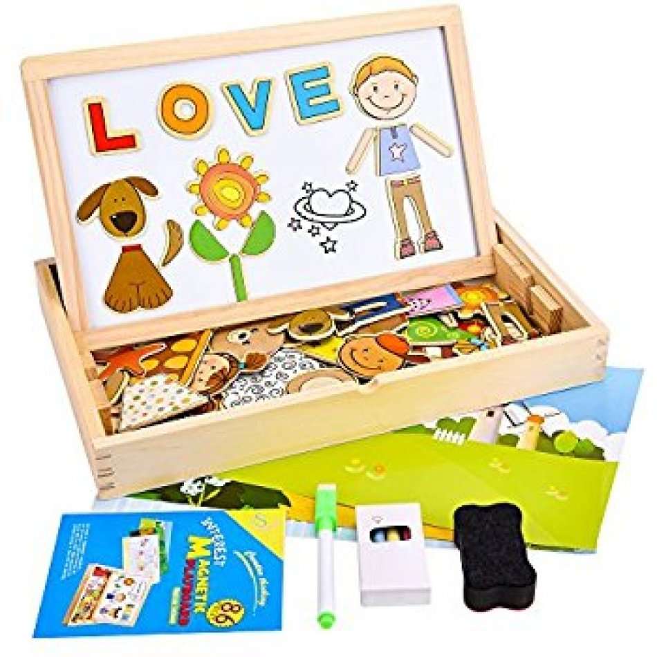 Alphabet Letter & Animal Magnetic Whiteboard & Chalkboard Set In a Wooden Box