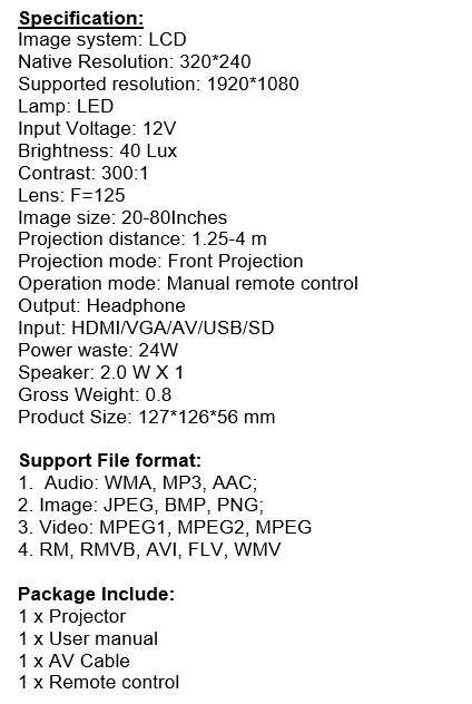 HD 1080P Multimedia Projector & Home Theater Cinema & Remote - AV, TV, VGA, HDMI, USB, SD, WTC