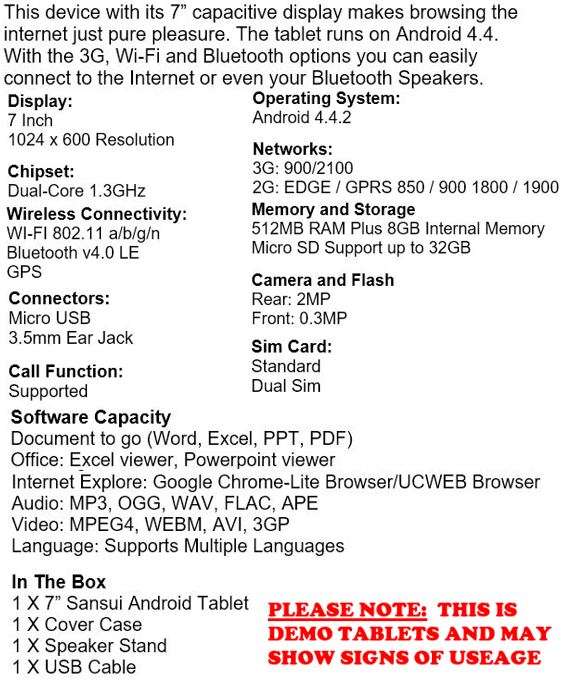 7" DEMO Android Tablet Smartphone, 3G, 8GB, Dual Sim WITH SPEAKER STAND & COVER CASE