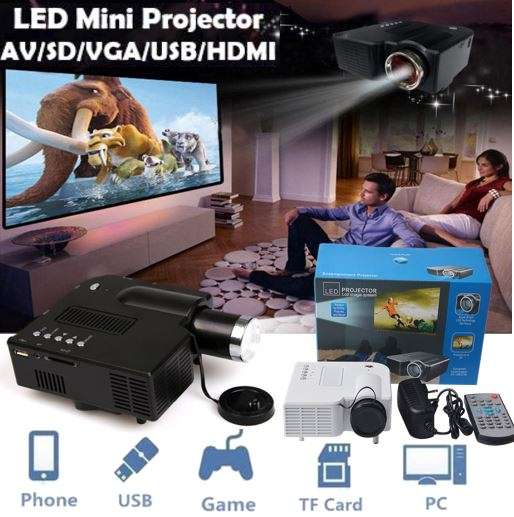 HD 1080P Multimedia Projector & Home Theater Cinema & Remote - AV, TV, VGA, HDMI, USB, SD, WTC