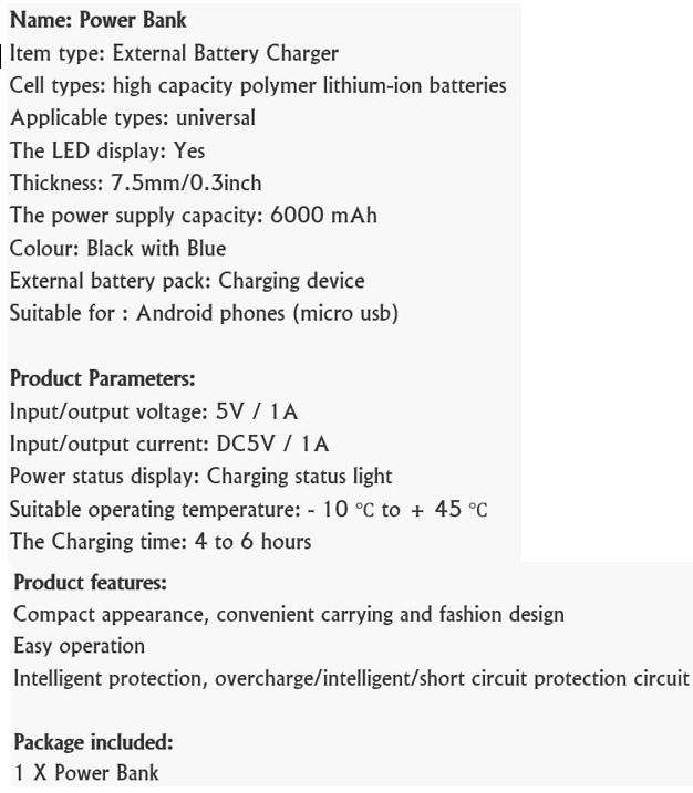 Ultra Thin 6000 mAh Power Bank for Charging of Android Devices