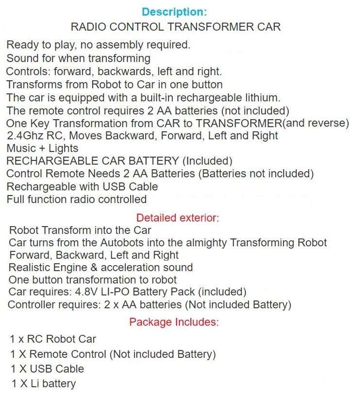 Large Buggati Remote Control TRANSFORMER Robot Car, Transforms in 1 Button - With Music & Lights