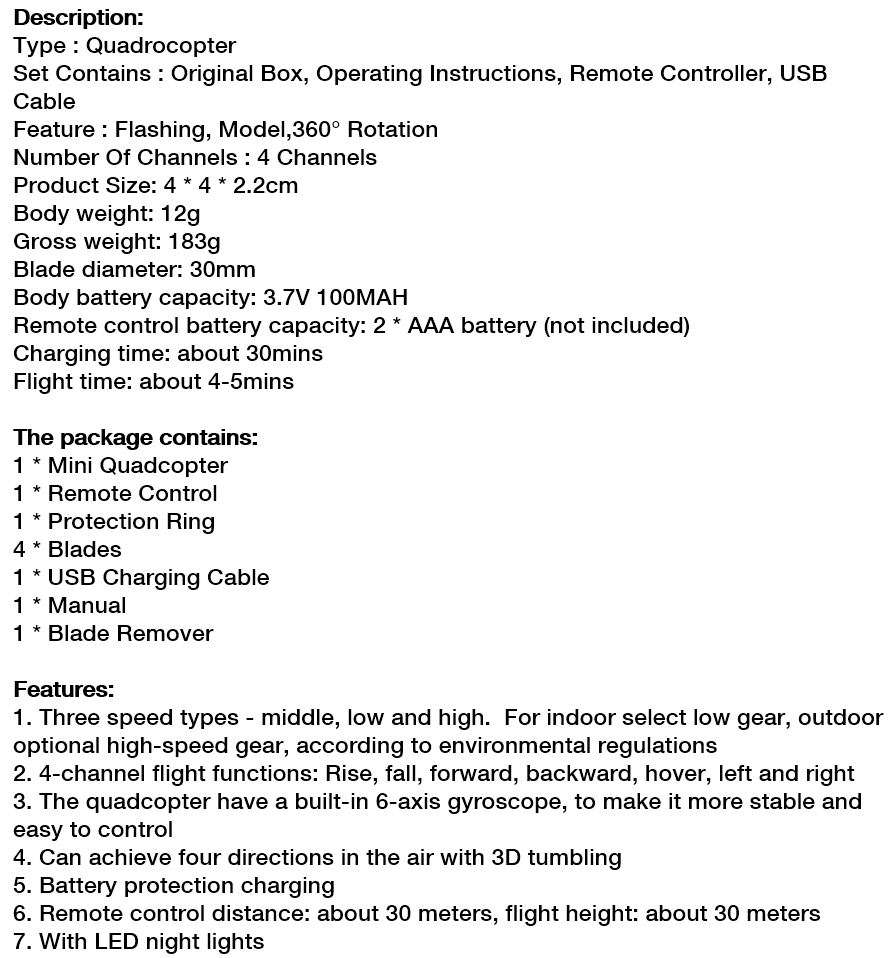 2.4GHZ 6 Axis Mini Remote Control Quadcopter 360° Rotation, LED Lights, 3D Stunts