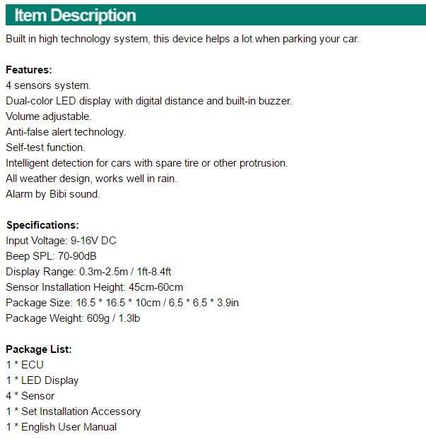 Rear Park Distance Control Kit - Include Control Box, LED Display Indicator & 4 Parking Sensors