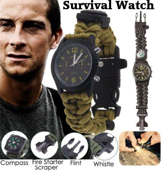 Outdoor Survival Wrist Watch with Compass, Whistle, Flint, Fire Starter Thermometer & Para cord Rope