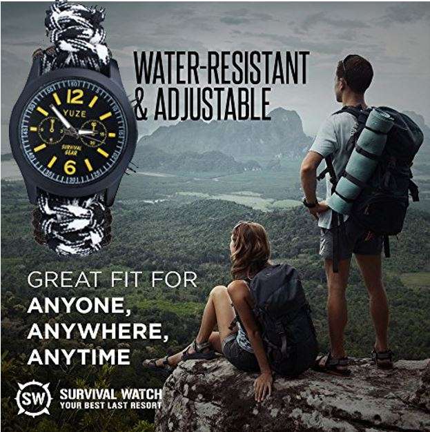 Outdoor Survival Wrist Watch with Compass, Whistle, Flint, Fire Starter Thermometer & Para cord Rope