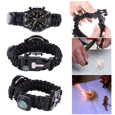 Outdoor Survival Wrist Watch with Compass, Whistle, Flint, Fire Starter Thermometer & Para cord Rope