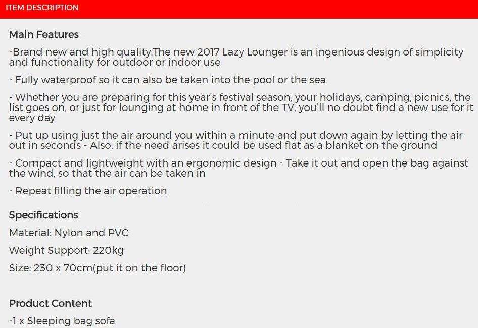 Waterproof Lazy Lounger Air Sofa - Compact, Light weight in Bag - Use Almost Anywhere