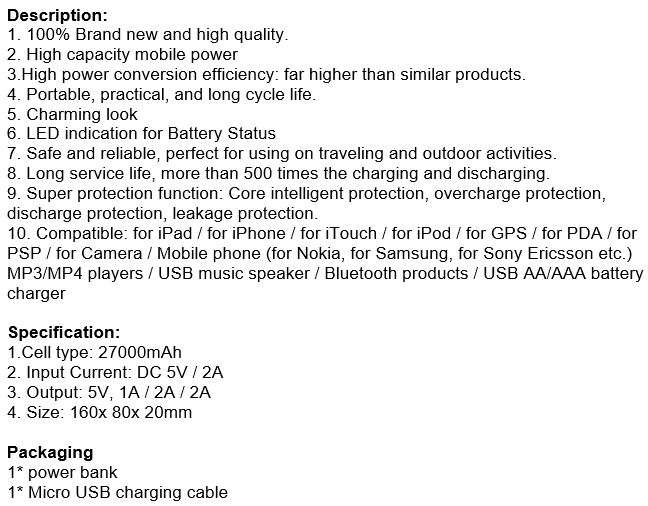 27 000mAh Power Bank for Charging of Electronic Devices, LED Digital Screen & Flashlight