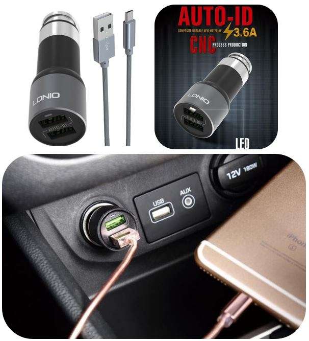 Original LED Ldnio C303 Car Charger with Dual USB 5V/3.6A Quick Charge Full Metal For IOS or Android