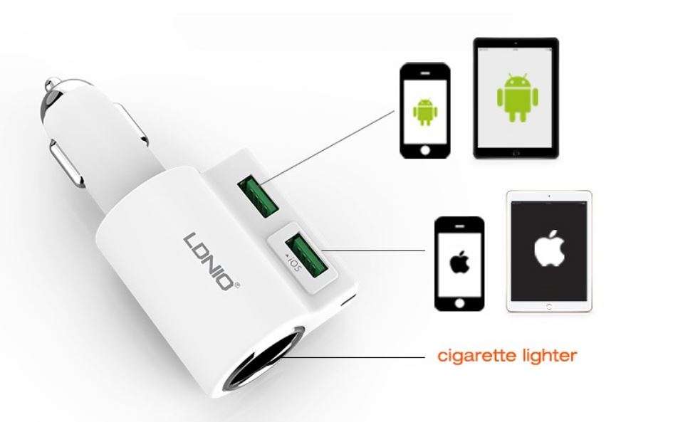 LDNIO 4.2 Dual USB Interface and 1 Socket Adapter Car Charger For IOS and Android