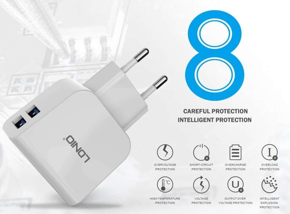 High Quality LDNIO Dual USB Current Protection Output 5V-2.1A Travel Charger for IOS