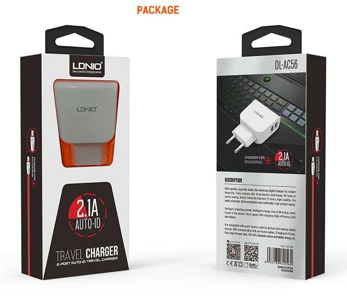 High Quality LDNIO Dual USB Current Protection Output 5V-2.1A Travel Charger for IOS