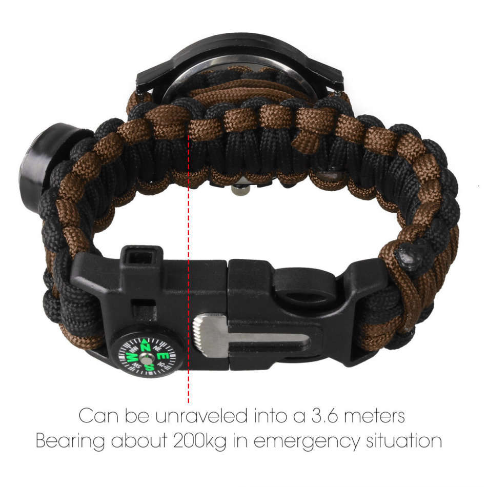 Outdoor Survival Wrist Watch with Compass, Whistle, Flint, Fire Starter Thermometer & Para cord Rope