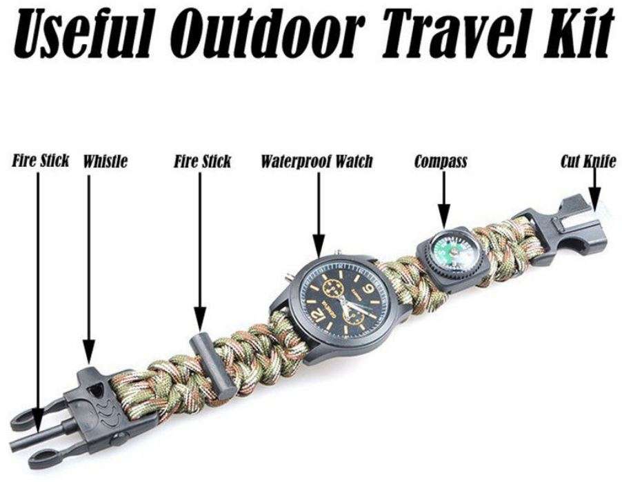 Outdoor Survival Wrist Watch with Compass, Whistle, Flint, Fire Starter Thermometer & Para cord Rope