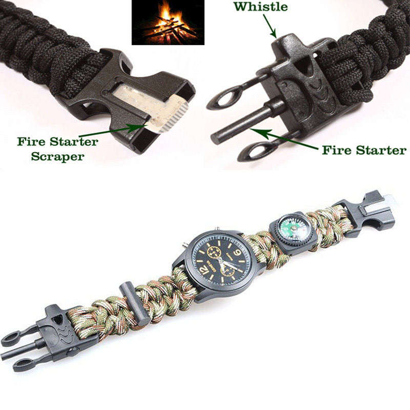 Outdoor Survival Wrist Watch with Compass, Whistle, Flint, Fire Starter Thermometer & Para cord Rope