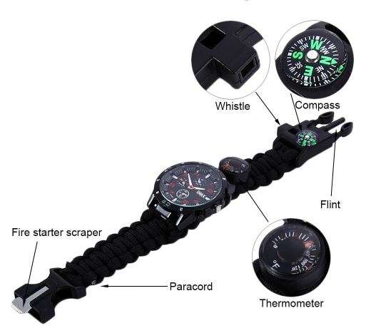 Outdoor Survival Wrist Watch with Compass, Whistle, Flint, Fire Starter Thermometer & Para cord Rope