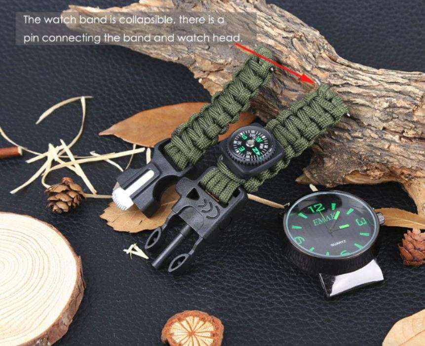 Outdoor Survival Wrist Watch with Compass, Whistle, Flint, Fire Starter Thermometer & Para cord Rope