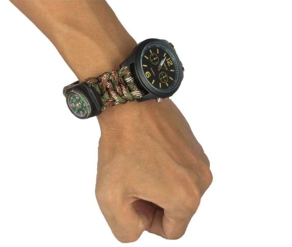 Outdoor Survival Wrist Watch with Compass, Whistle, Flint, Fire Starter Thermometer & Para cord Rope