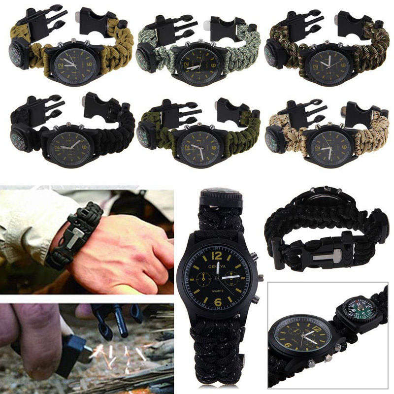 Outdoor Survival Wrist Watch with Compass, Whistle, Flint, Fire Starter Thermometer & Para cord Rope