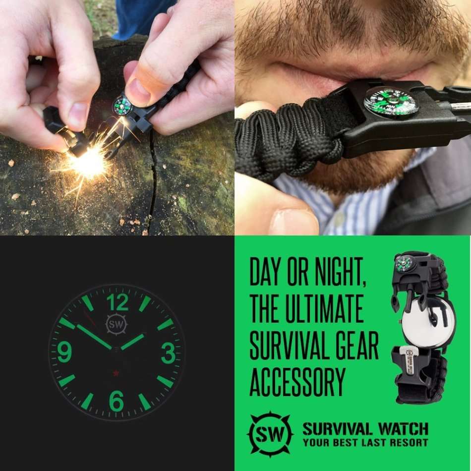 Outdoor Survival Wrist Watch with Compass, Whistle, Flint, Fire Starter Thermometer & Para cord Rope
