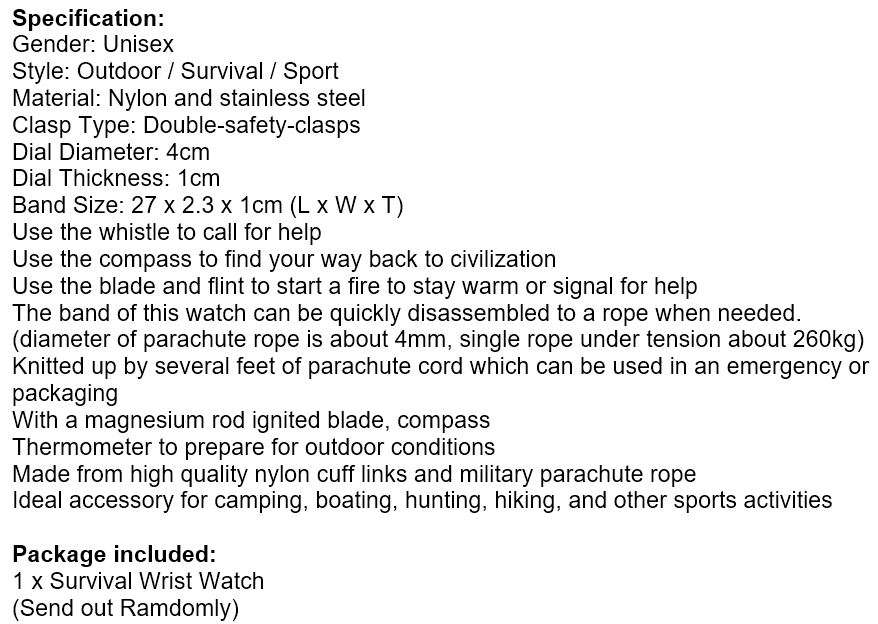 Outdoor Survival Wrist Watch with Compass, Whistle, Flint, Fire Starter Thermometer & Para cord Rope