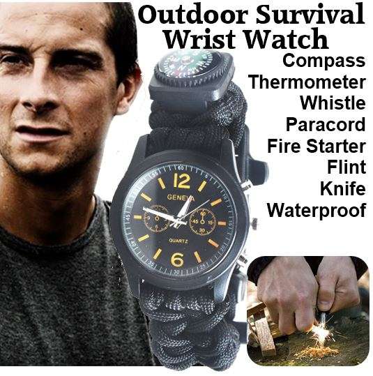 Outdoor Survival Wrist Watch with Compass, Whistle, Flint, Fire Starter Thermometer & Para cord Rope