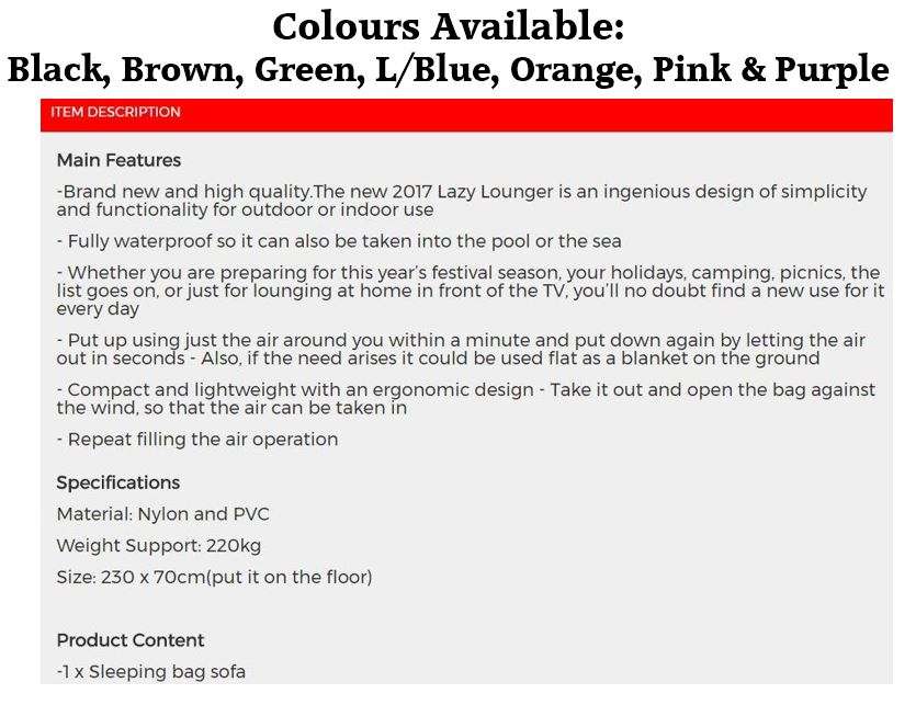 Waterproof Lazy Lounger Air Sofa - Compact, Light weight in Bag - Use Almost Anywhere