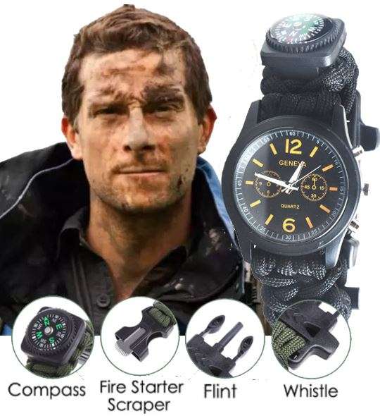 Tactical Survival Watch with Compass, Whistle, Flint, Fire Starter Thermometer & Paracord Rope
