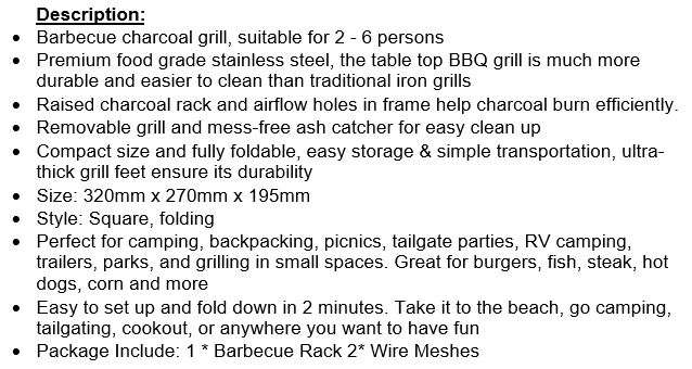 Portable Outdoor Stainless Steel Charcoal Barbecue Braai, Convenient, Compact & Fold in a Handy Case
