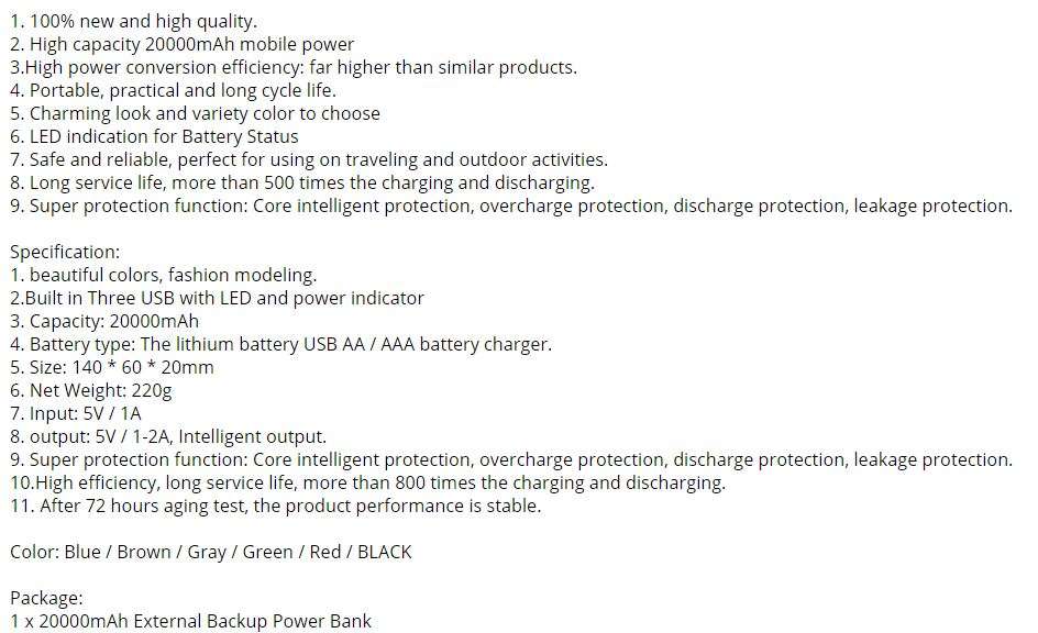 20 000mAh Power Bank With 3 USB Ports for Charging of Electronic Devices With LED Flashlight