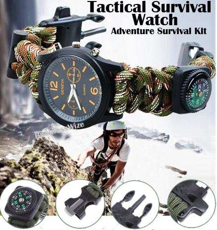 Tactical Survival Watch with Compass, Whistle, Flint, Fire Starter Thermometer & Paracord Rope