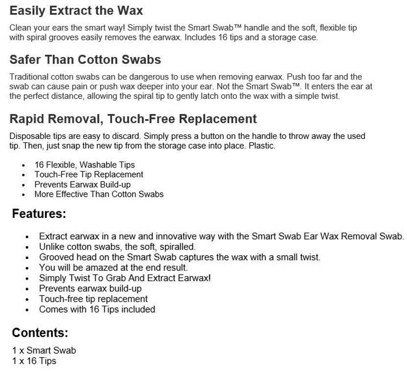 Smart Swab - Rapid Removal of Ear Wax including 16 Flexible & Washable tips