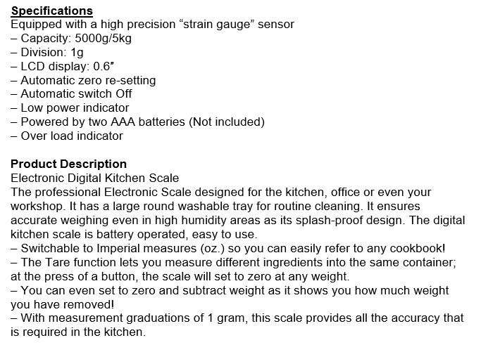 5kg Electronic Digital Kitchen Scale With LCD Display