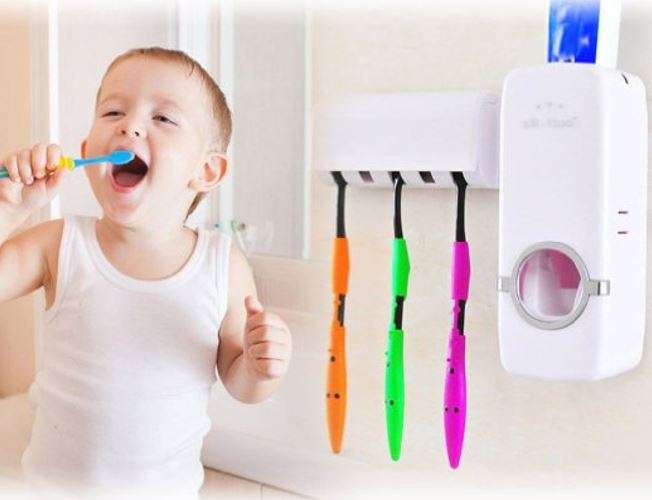 Touch Me 2-in-1 Automatic Hands-free Vacuum Toothpaste Dispenser With Holder Rack, No Batteries
