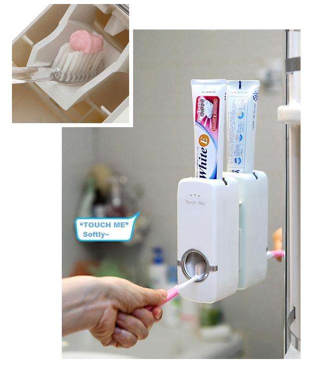 Touch Me 2-in-1 Automatic Hands-free Vacuum Toothpaste Dispenser With Holder Rack, No Batteries