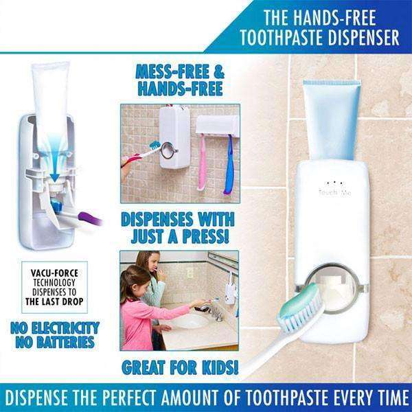 Touch Me 2-in-1 Automatic Hands-free Vacuum Toothpaste Dispenser With Holder Rack, No Batteries
