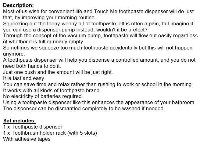 Touch Me 2-in-1 Automatic Hands-free Vacuum Toothpaste Dispenser With Holder Rack, No Batteries