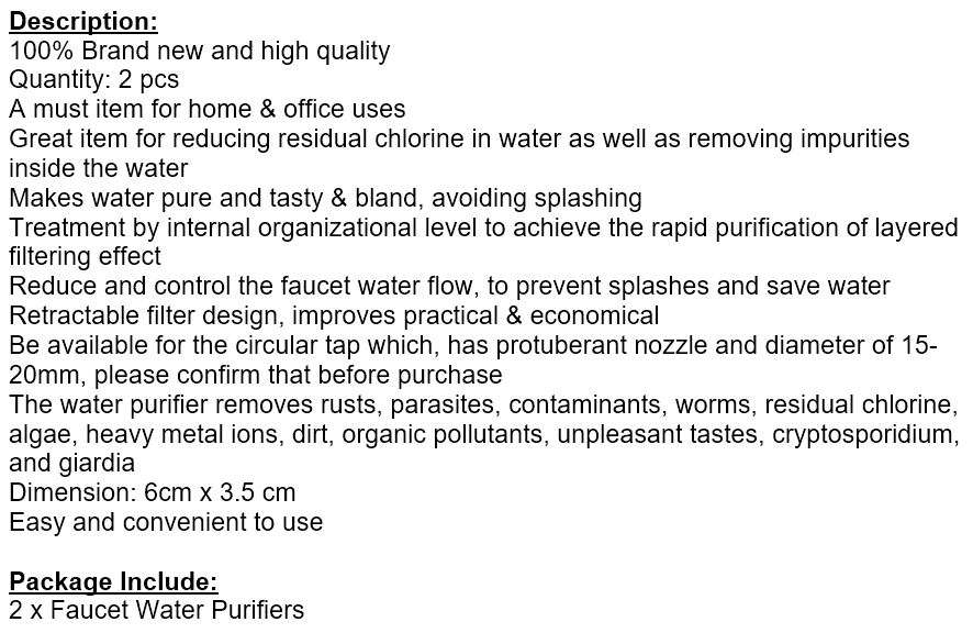 2 X Faucet Water Purifiers, Reducing Chlorine and Removing Impurities in the Water