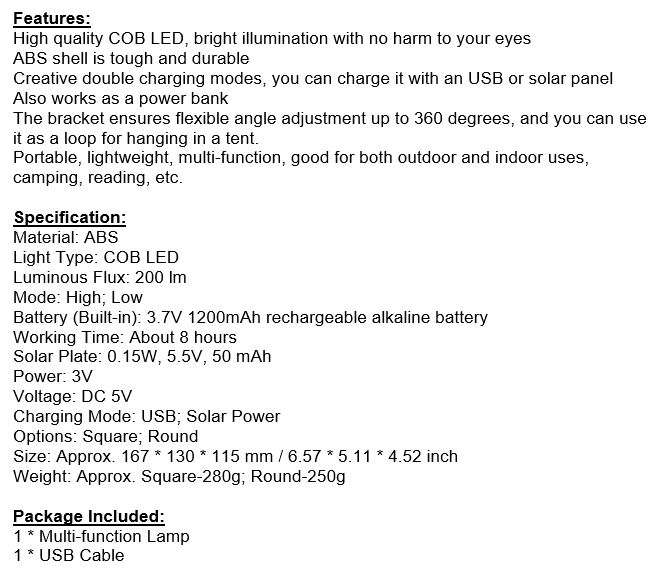 COB LED Solar Power Rechargeable Light & POWER BANK for Charging of Devices, Rotate 360 Degrees