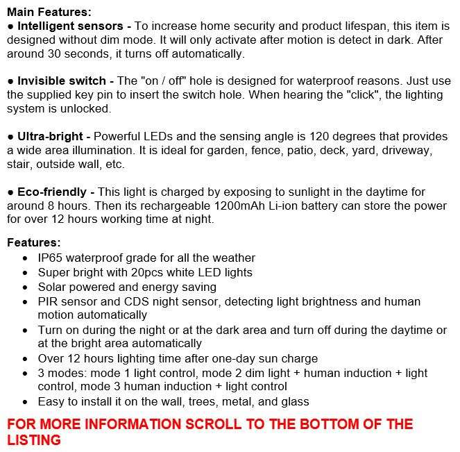 20 LED Solar Power Wall Light, PIR Motion Sensor, Waterproof, Night Sensor & Eco-friendly