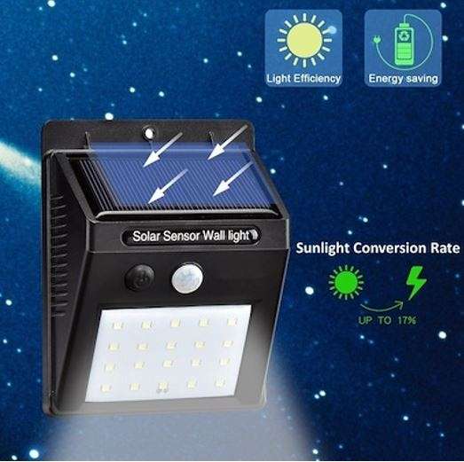 20 LED Solar Power Wall Light, PIR Motion Sensor, Waterproof, Night Sensor & Eco-friendly