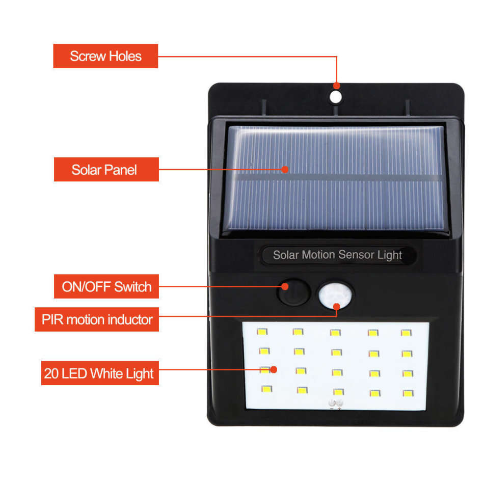 20 LED Solar Power Wall Light, PIR Motion Sensor, Waterproof, Night Sensor & Eco-friendly