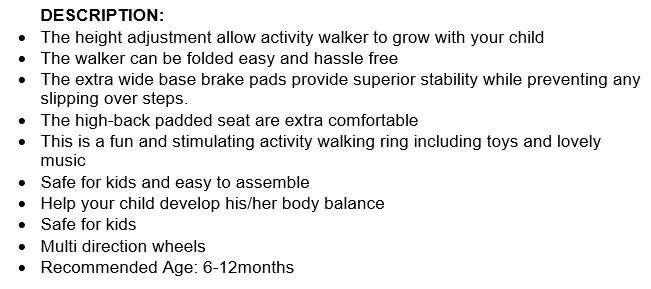 Soft Cushion Baby Walking Ring with Adjustable Height, Toy's and Music