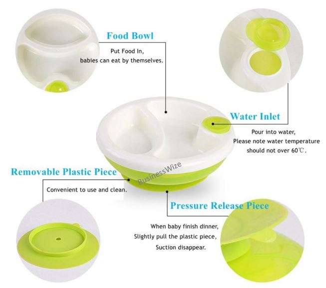 Non-slip suction warming plate, divided Compartments - BPA, PVC and Pthalate Free