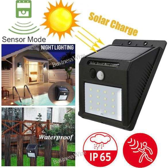 20 LED Solar Power Wall Light, PIR Motion Sensor, Waterproof, Night Sensor & Eco-friendly