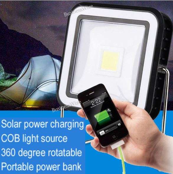COB LED Solar Power Rechargeable Light & POWER BANK for Charging of Devices, Rotate 360 Degrees