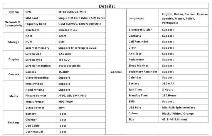 Smart Watch Phone, SIM CARD, Bluetooth, Camera, Sleep Monitor, SD Card, MP3, Pedometer etc.