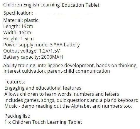 Children's Touch Learning Education Y-Pad Tablet With Music, Words, Numbers, Questions...