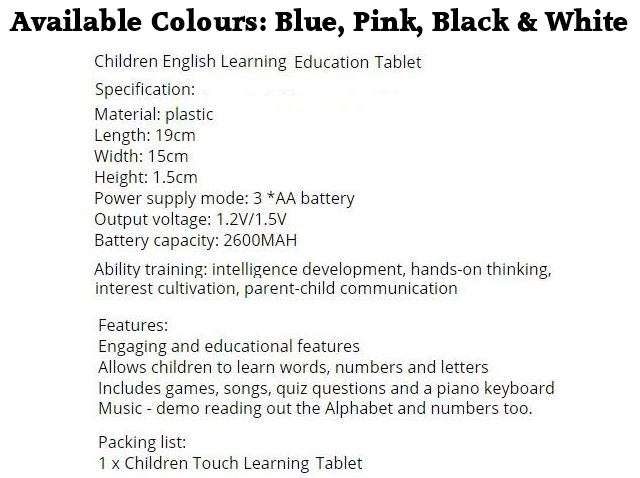 Children's Touch Learning Education Y-Pad Tablet With Music, Words, Numbers, Questions...